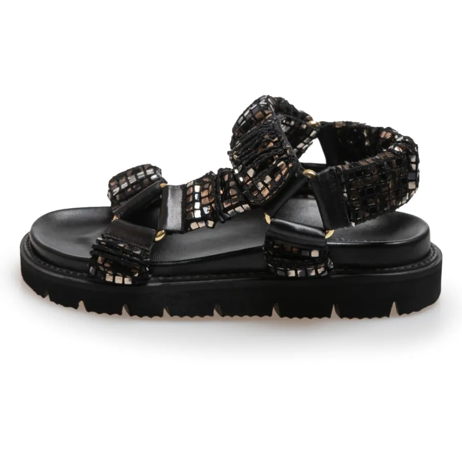 Copenhagen Shoes Flade Sandaler^KEEP WALKING - GLITTER - GLITTER BLACK/GOLD Glitter black gold