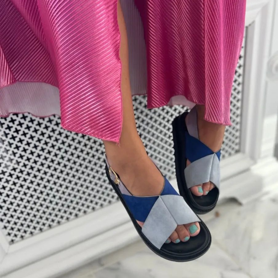 Copenhagen Shoes Flade Sandaler^NEW STRONGER 23 - SUEDE - BLUE/LAVENDER Newstronger 23 suede sandal blue lavender